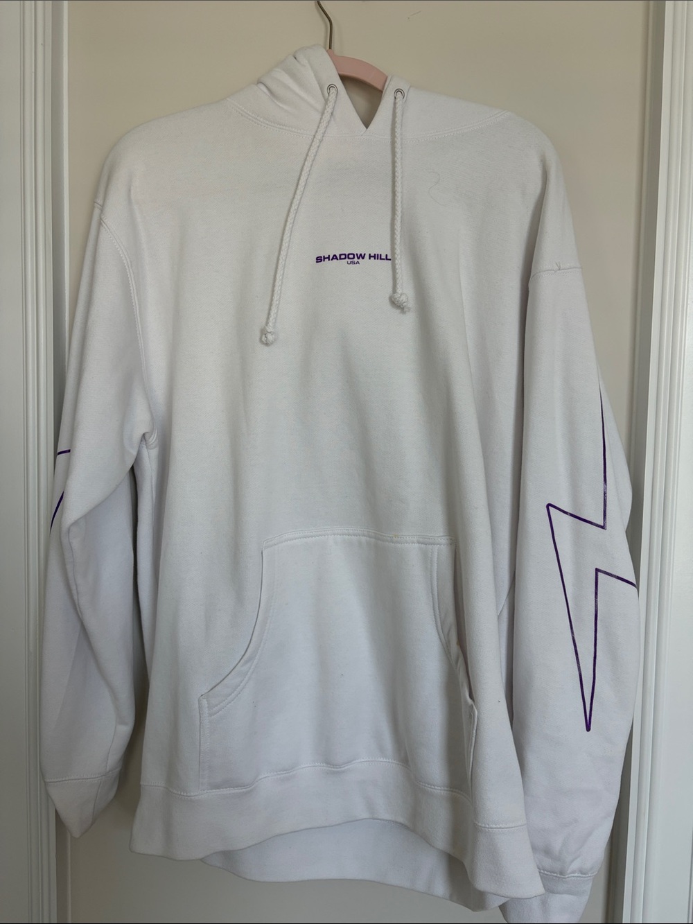 Shadow Hill White Hoodie with Purple Sleeve Graphic - Men